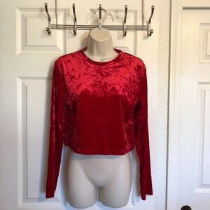 Divided Crushed Velvet RED Crop Long Sleeve Top Size Large